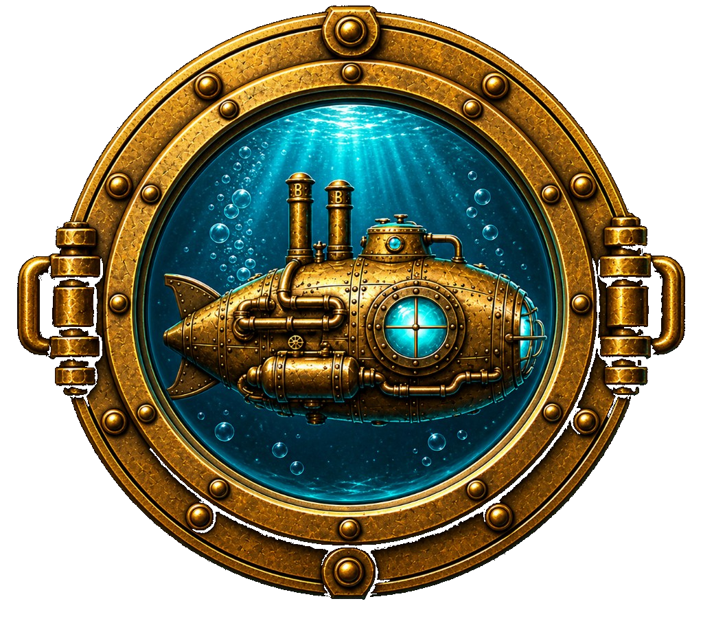 A brass submarine beneath the sea, framed by a golden porthole