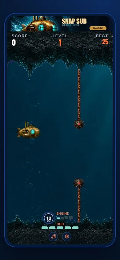 Snap Sub in action: a brass submarine navigating between chained mines, with score and hull controls visible