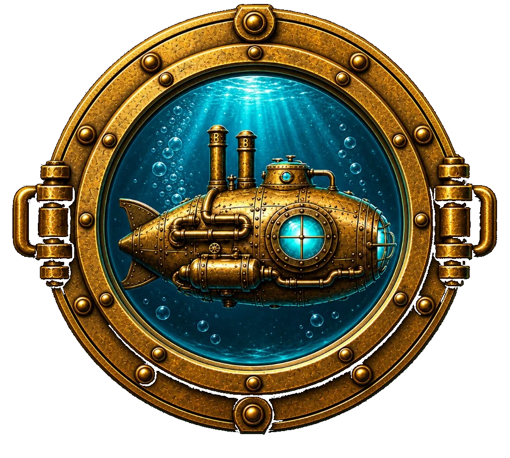A brass submarine seen through a golden porthole